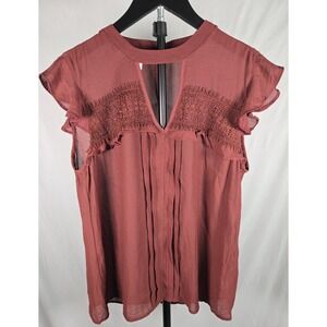 Burgundy Flutter Sleeve Keyhole Crochet Lace Yoke Top Sz L Romantic Festival